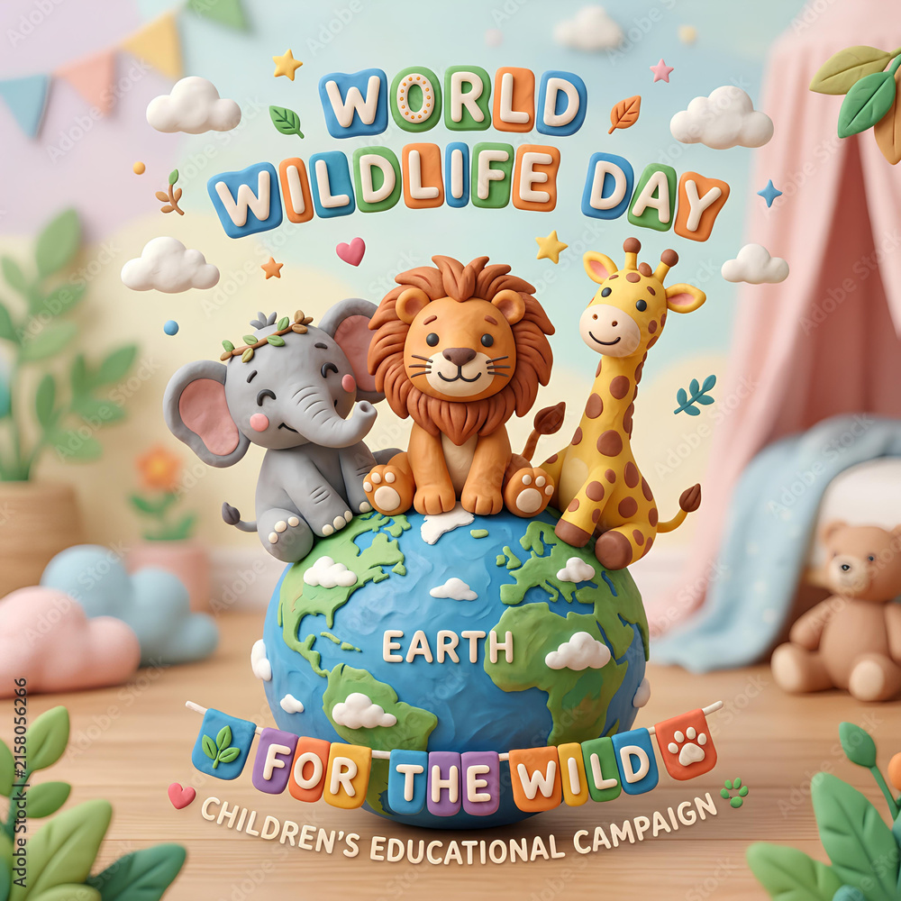 Fototapeta premium Cartoon animals on globe for World Wildlife Day.