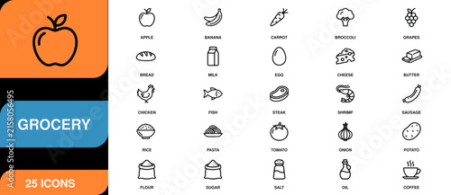 Clean line art grocery icons collection for food shopping and healthy eating concepts