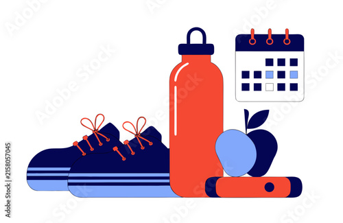 Water Bottle, Sneakers, and Calendar Icon Set. Fitness and Wellness Concept Illustration for Healthy Lifestyle Planning.