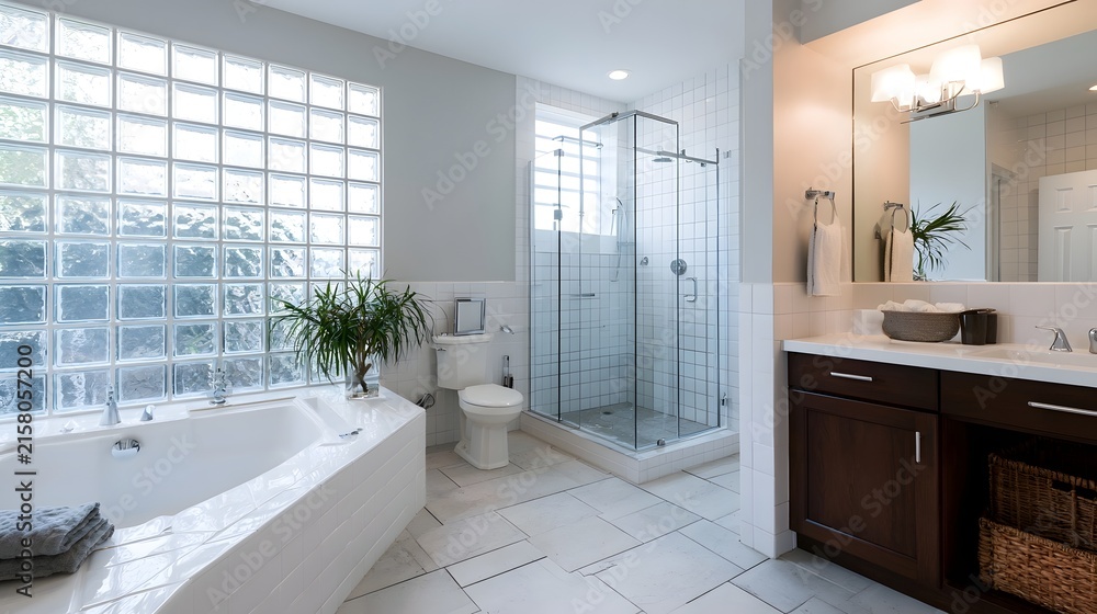 Fototapeta premium Modern bathroom featuring glass block wall freestanding tub walk in shower and dark wood vanity under bright natural light