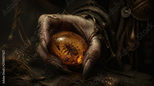 Witch Holds Ancient Amber Orb with Preserved Insect in Dark Fantasy Setting