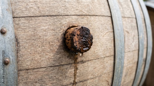 Stopgap Concept, Cork Bung Pushed Firmly Into a Leaking Hole in a Weathered Wooden Barrel