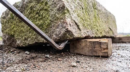 Steel Crowbar Wedged Under a Huge Stone Block on a Timber Fulcrum as a Leverage Metaphor