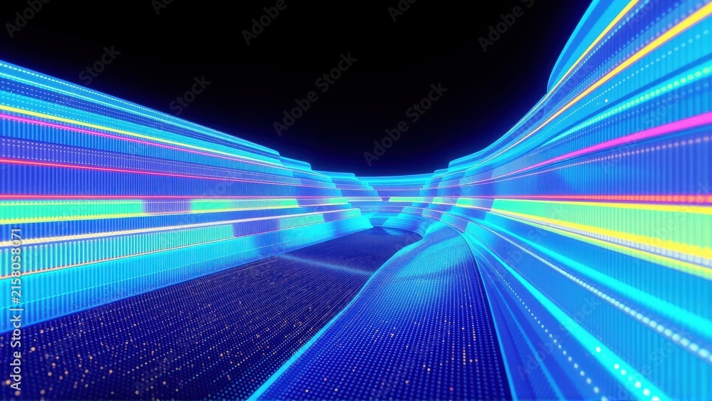 Fototapeta premium Bright neon lights form tunnel. Digital data streams converge toward distant point. Futuristic, vibrant scene.