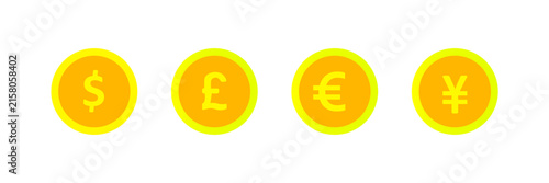Currency symbol icons set. coin international currency symbols. Dollar, Euro, Pound, Yen
