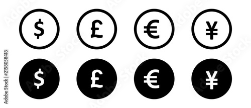 Currency symbol icons set. international currency symbols. Dollar, Euro, Pound, Yen. 