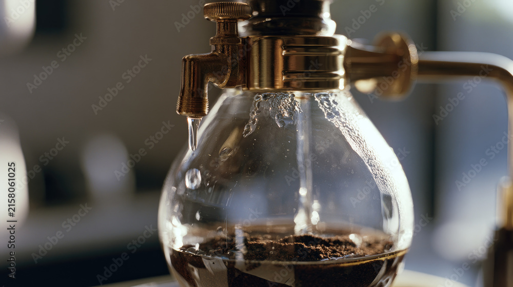 Fototapeta premium Cold brew coffee drip tower with brass valve releasing water onto ground coffee in clear glass, natural cafe light and shallow focus