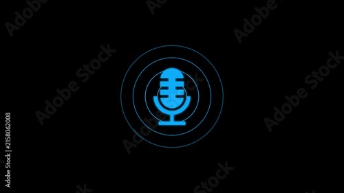 Blue color radio wave and voice recording podcast mic microphone button icon animation. Audio microphone icon animation.