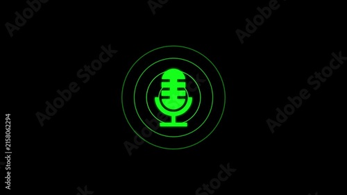 Green color radio wave and voice recording podcast mic microphone button icon animation. Audio microphone icon animation.