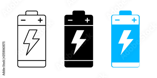 Battery Icon Set with Lightning Bolt Symbol in Outline, Black, and Color Styles