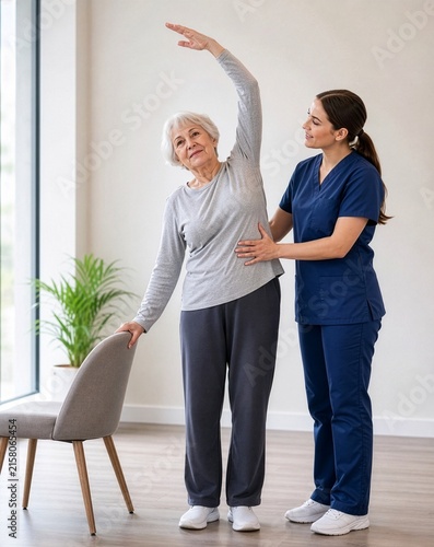 Physiotherapist helping a senior woman do stretching exercises, concept of physical therapy, rehabilitation, elderly care and healthy active aging