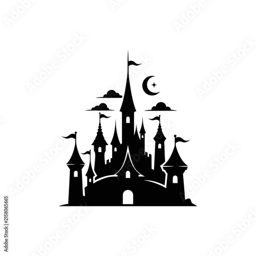 Enchanting Castle Silhouette Under a Crescent Moon and Clouds.