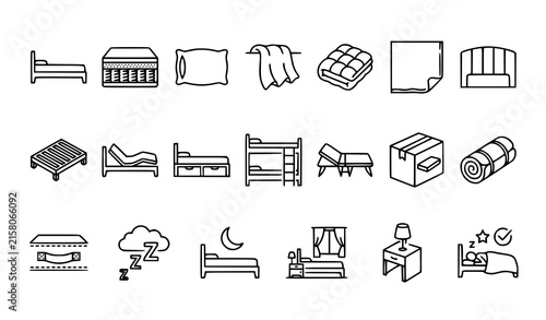 Foto Bed Mattress Sleep and Bedroom Comfort Monoline Thin Outline Icons