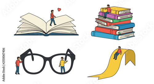 Small figures reading and exploring giant books.