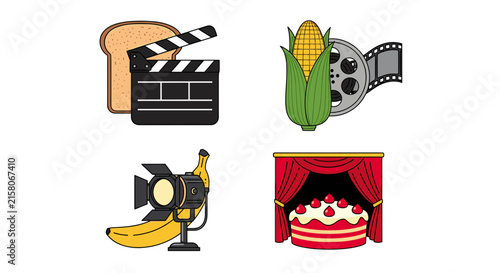 Surreal cinema icons made from breakfast food items.