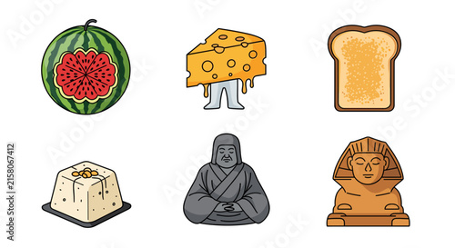 Stone statues and icons carved to look like food.