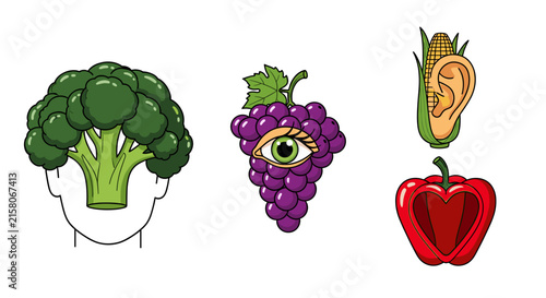 Surreal facial features made from broccoli grapes corn and pepper.