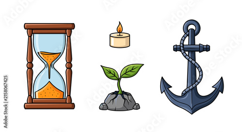 Symbolic icons for time, nature, and nautical stability.