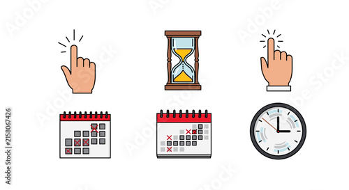 Time management and scheduling icons with hands and clocks
