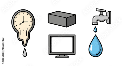 Surreal melting clock and household object icon set.