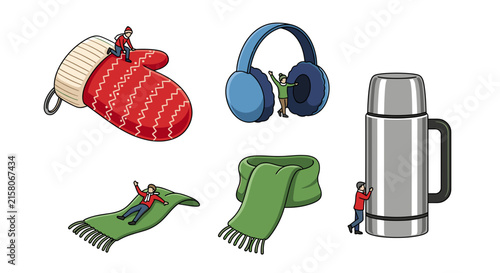 Tiny characters with giant winter accessories and travel gear.