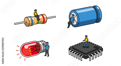 Tiny engineers working on giant electronic components