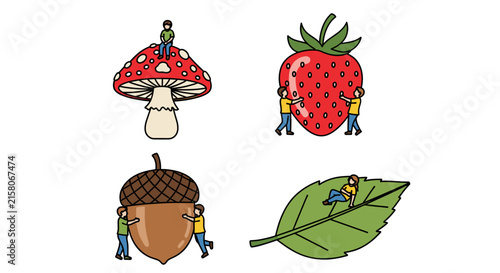 Tiny people discovering natural forest elements and berries