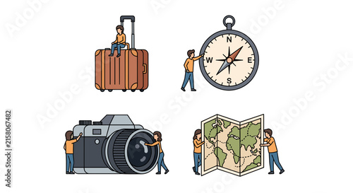 Tiny people preparing for travel with camera and map