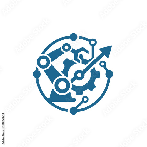 A blue icon showing a robotic arm and a gear symbol