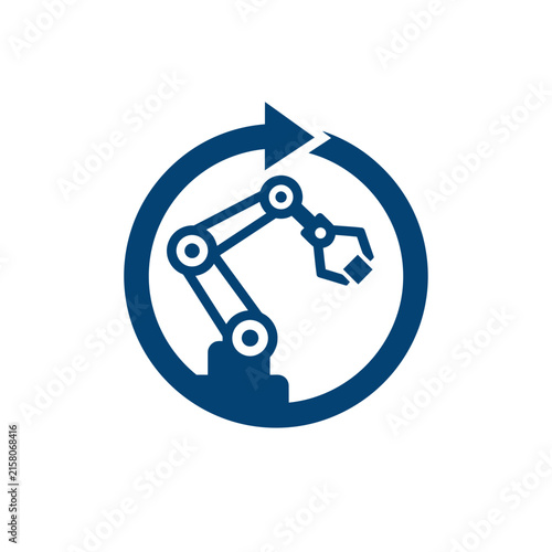 A blue icon showing a robotic arm inside a circular arrow
