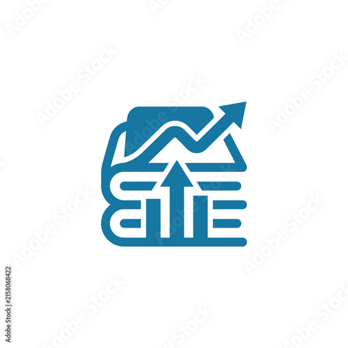 A blue icon showing a rising arrow over stacked documents