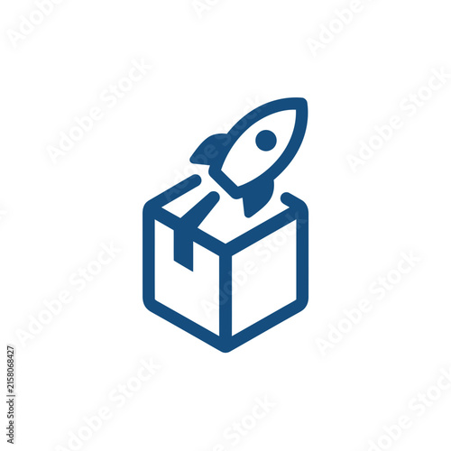 A blue icon showing a rocket launching from a cardboard box