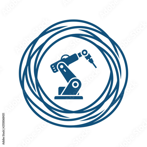 A blue icon showing a robotic arm inside a circular frame