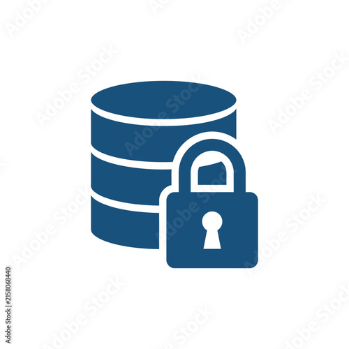 A blue icon showing a secure database with a locked padlock