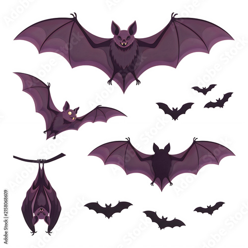 Flying bats in various poses during twilight with glowing eyes isolated on transparent background