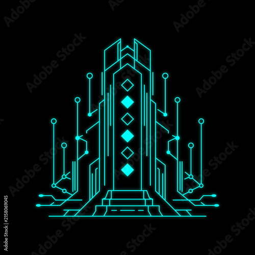 Minimalist quantum cyber monolith tech network gateway server digital illustration background