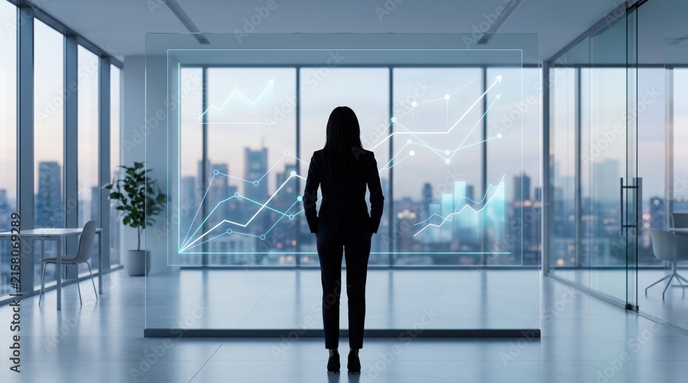 Fototapeta premium Businesswoman viewing financial growth charts on glass window, corporate strategy, market analysis, investment success, economic trends and future business planning in modern