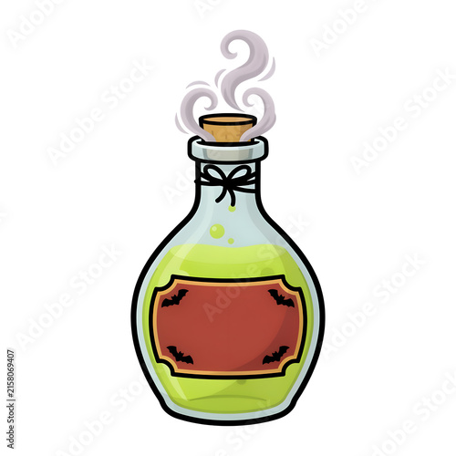Glass potion bottle with green liquid and bat label during Halloween isolated on transparent background