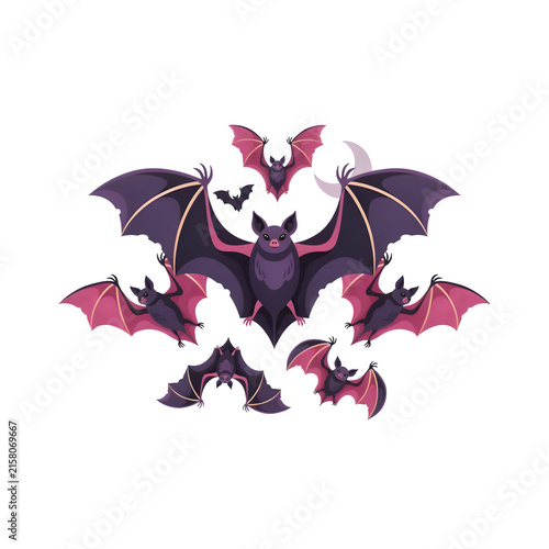Flock of purple bats flying during twilight with crescent moon Isolated on transparent background