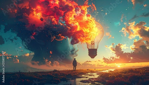 Surreal Landscape with Fiery Cloud and Floating Lightbulb.