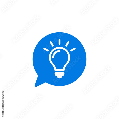 A blue speech bubble icon featuring a bright light bulb symbol