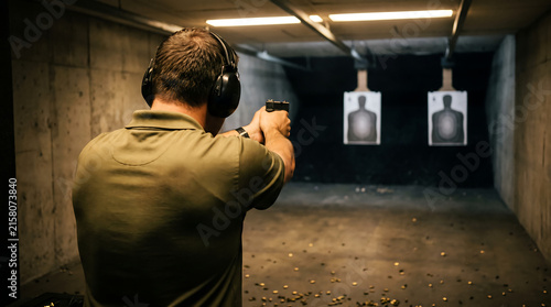 Man practicing shooting skills with a handgun at an indoor shooting range facility wearing protective earmuffs and tactical gear aiming at paper targets, shooting
