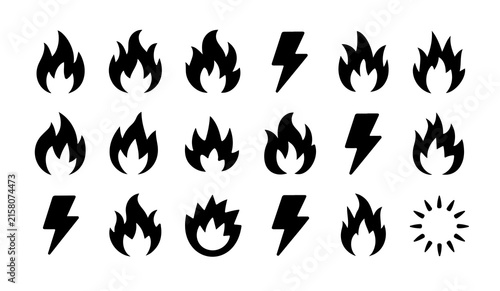 Black flame and lightning bolt vector icon set for energy and danger concepts with minimalist design style.