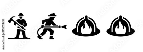 Firefighter icons collection showing brave person with equipment and helmet motifs for rescue service logos.