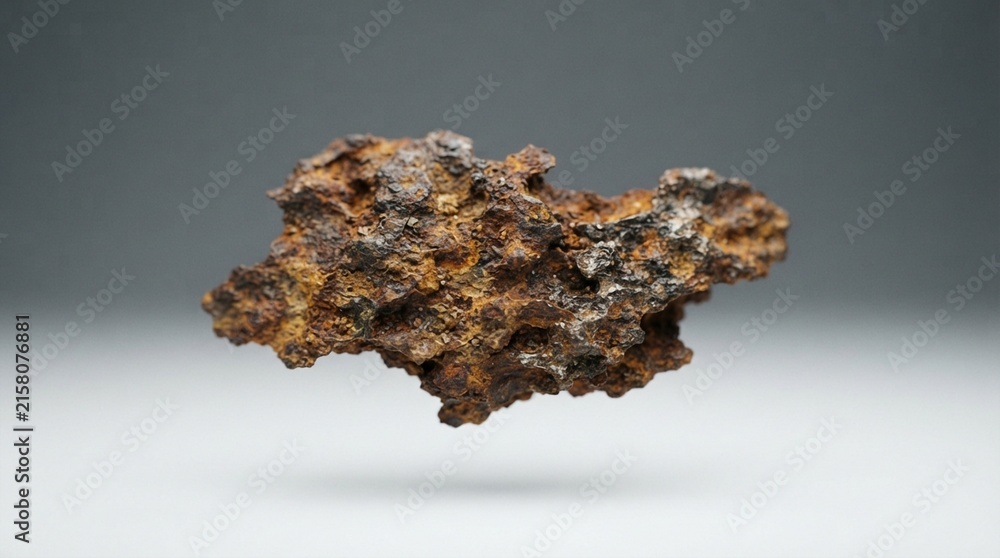 Obraz premium Raw iron ore nugget isolated on white background, showing metallic texture, rough surface, and rusty brown color
