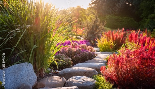 a sun drenched garden filled with colorful plants and stones