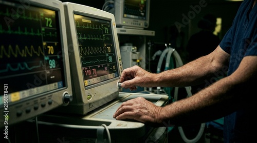 Medical monitor showing vital signs with a surgeon adjusting hospital equipment in operating room