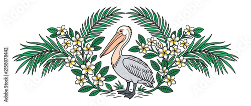 Cuadro en lienzo Isolated pelican with tropical foliage and flowers illustration