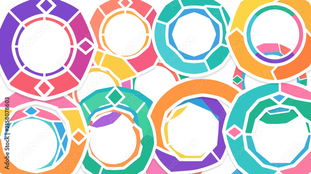 Fototapeta premium Abstract geometric circular frame design featuring multicolor ring shapes backdrop.