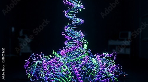 Dna helix structure interacting with molecular protein complex in microscopic scientific visualization